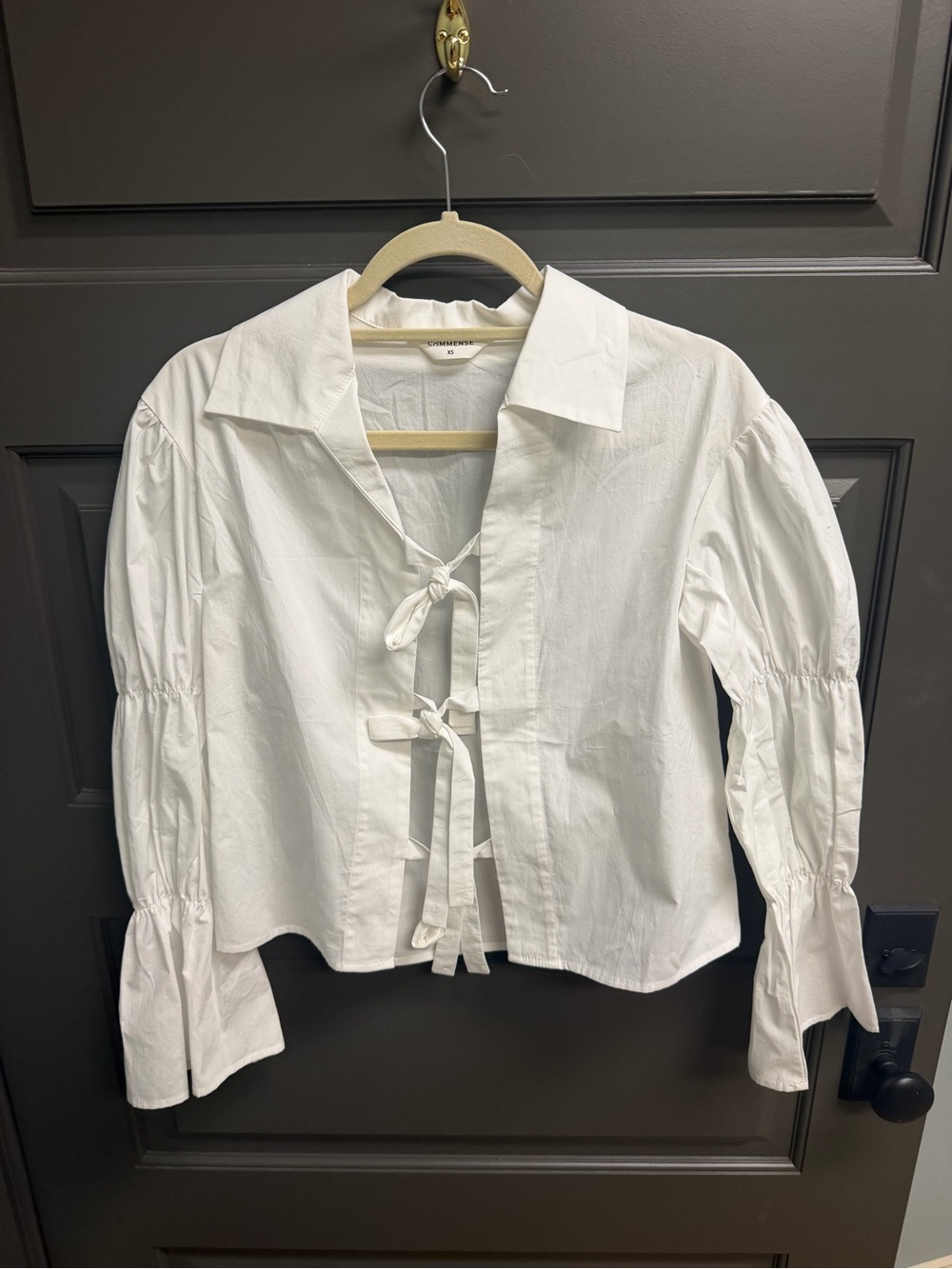 Commense White Tie-Front Puff Sleeve Button Down Shirt